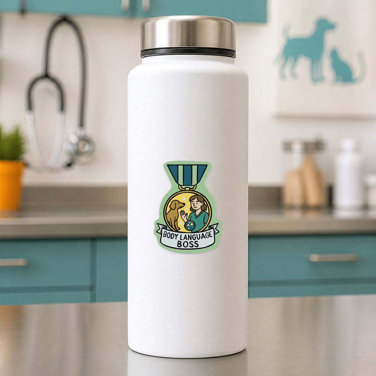 Body Language Boss – Award Medal Sticker shown on a white clinic water bottle