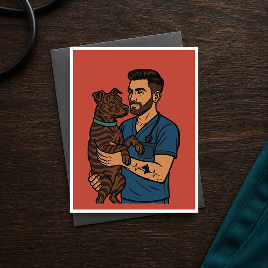 Brindle Buddy Energy A2 veterinary notecard front on a dark clinic desk