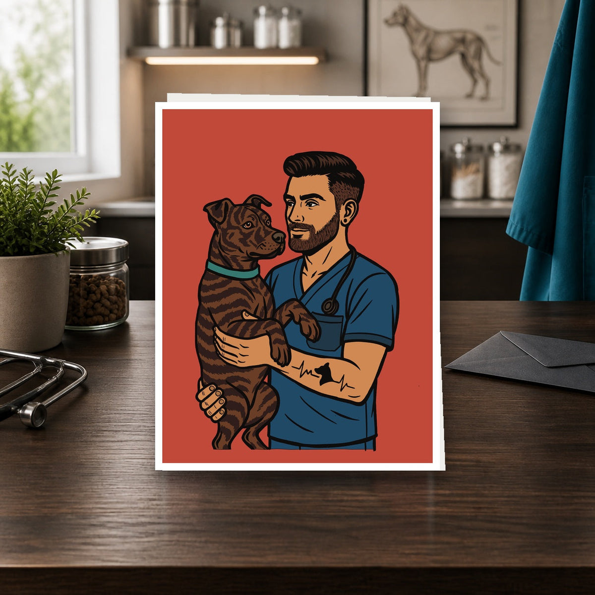 Brindle Buddy Energy A2 veterinary notecard standing on a dark clinic desk