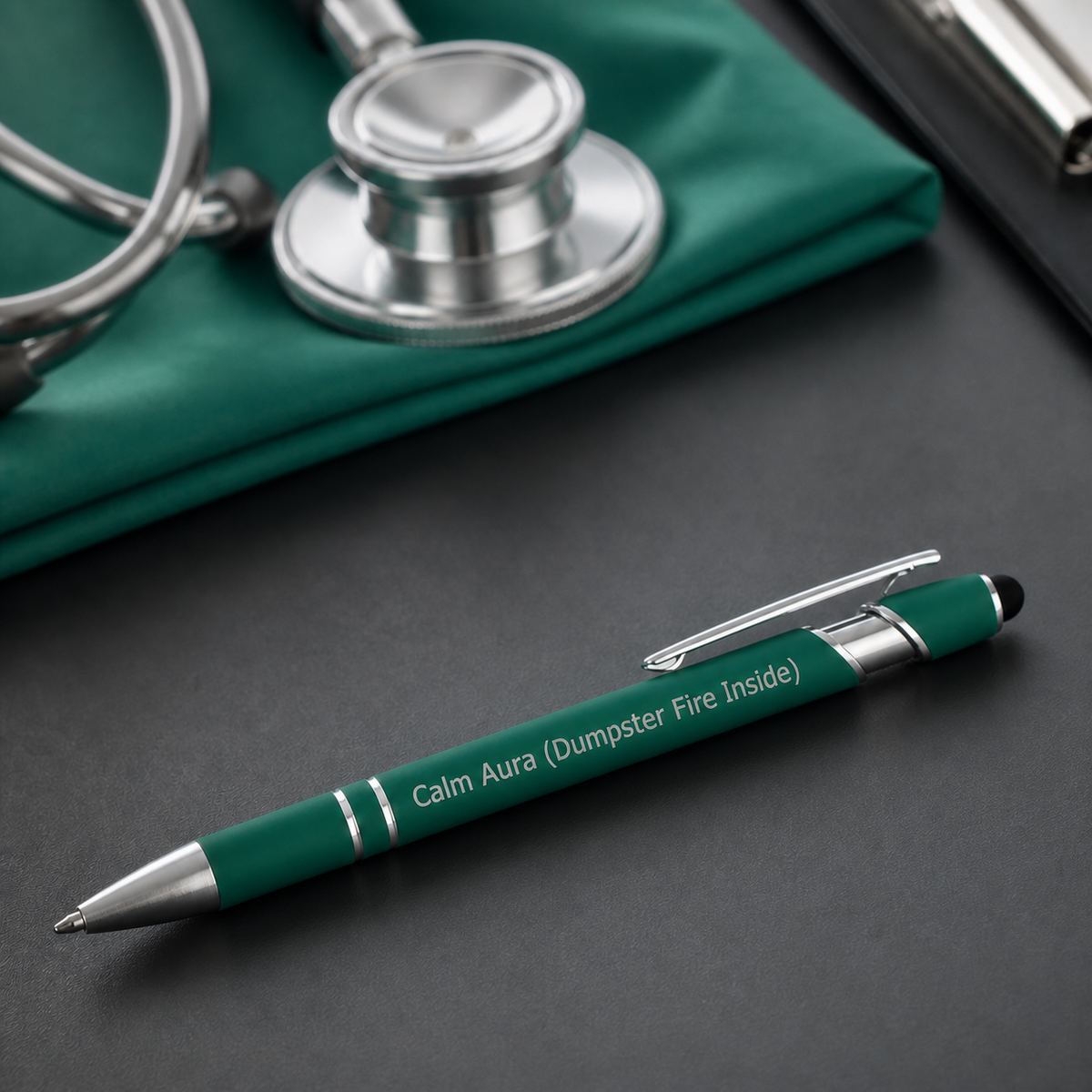 Calm Aura (Dumpster Fire Inside) laser-engraved green pen on a charcoal veterinary clinic desktop