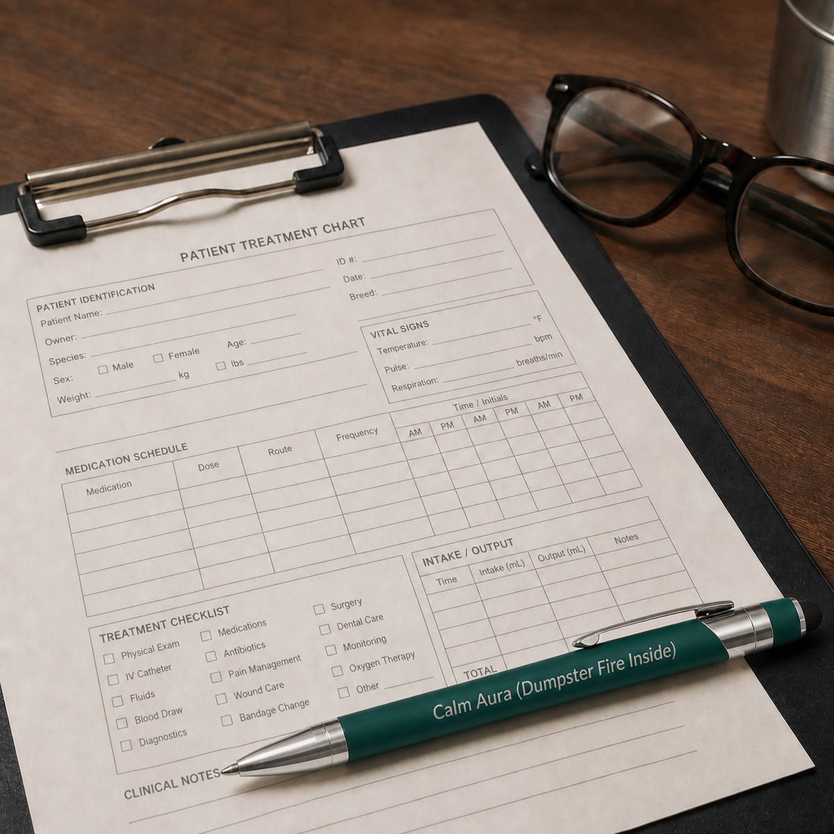 Calm Aura (Dumpster Fire Inside) laser-engraved green pen resting on a veterinary patient treatment chart