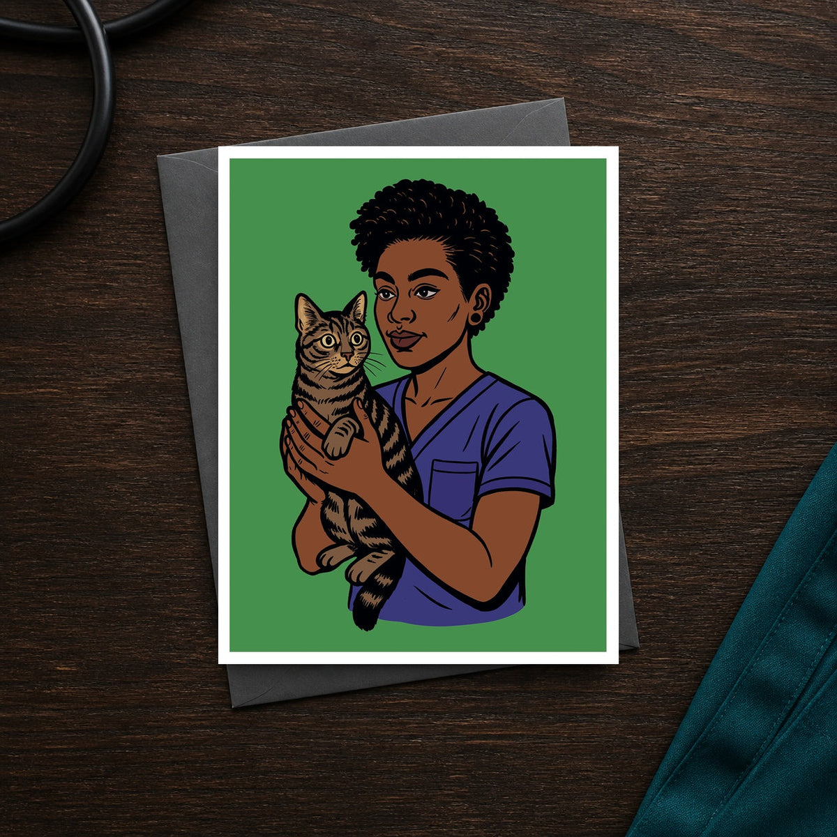 Cat Whisperer A2 veterinary notecard front on a dark clinic desk