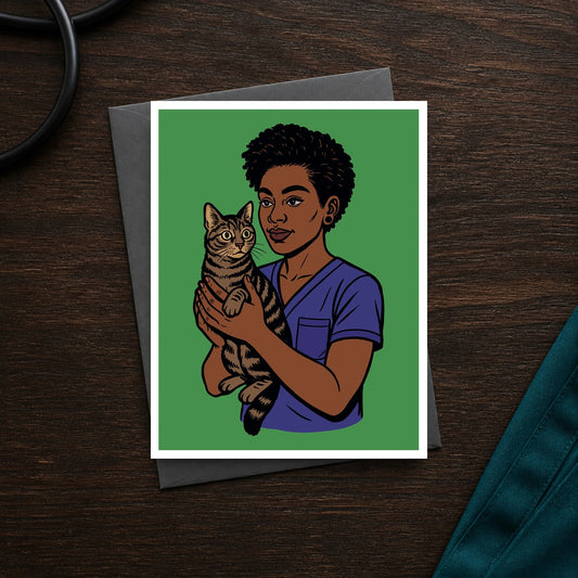 Cat Whisperer A2 veterinary notecard front on a dark clinic desk