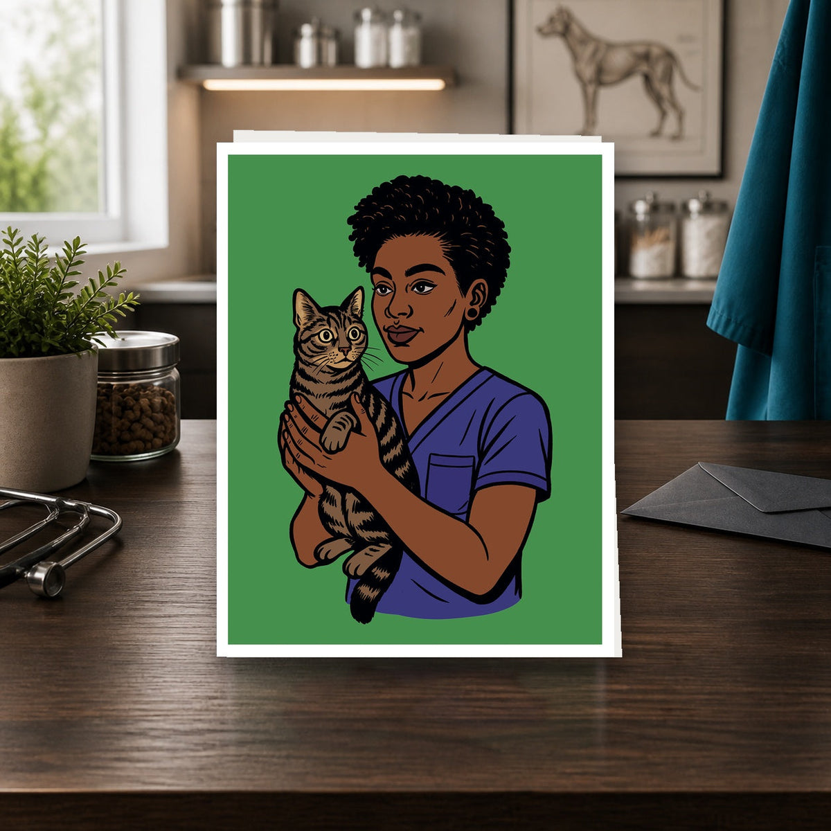 Cat Whisperer A2 veterinary notecard standing on a dark clinic desk