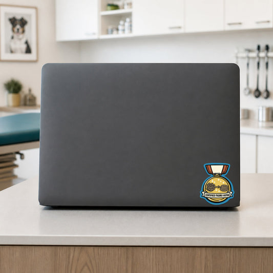 🏅 Certified Figure-Outer – Funny Vet Award Sticker shown on a veterinary clinic laptop