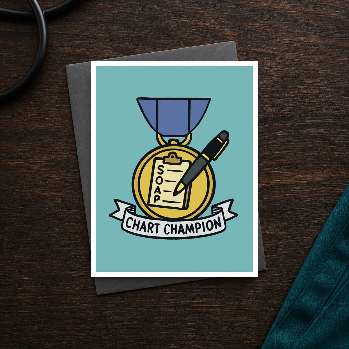 Chart Champion A2 veterinary recognition notecard front on a dark clinic desk