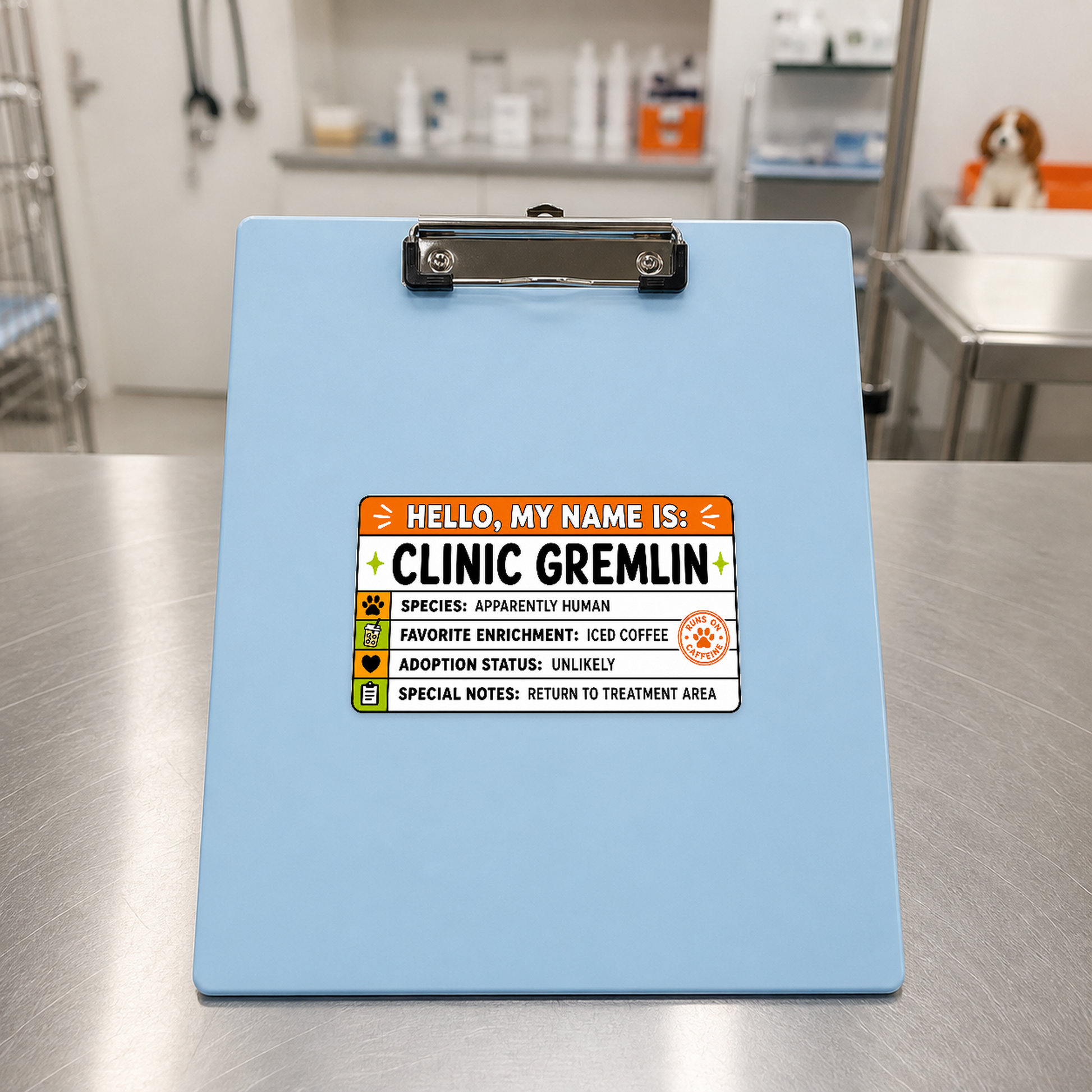 Clinic Gremlin 5.25 by 3 inch veterinary sticker displayed on a veterinary clipboard