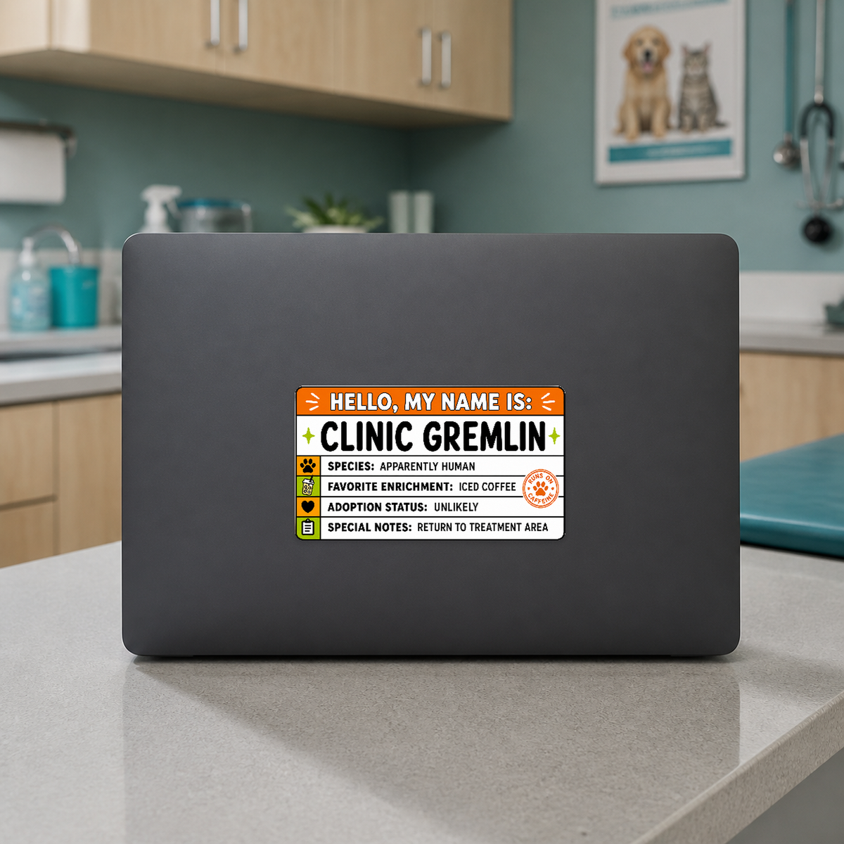 Clinic Gremlin 5.25 by 3 inch veterinary sticker displayed on a clinic laptop