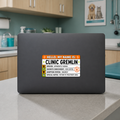 Clinic Gremlin 5.25 by 3 inch veterinary sticker displayed on a clinic laptop