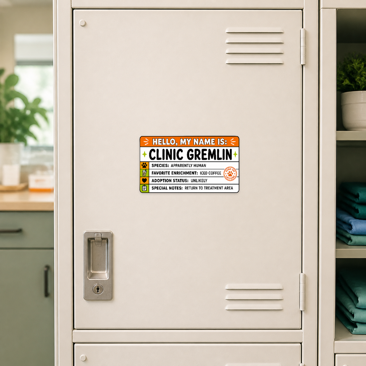Clinic Gremlin 5.25 by 3 inch veterinary sticker displayed on a clinic staff locker