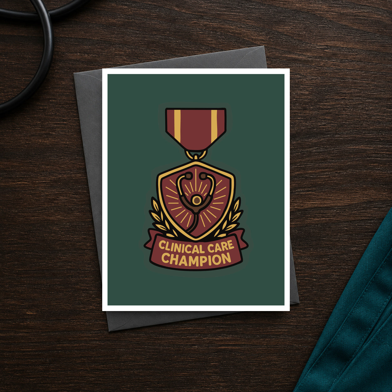 Clinical Care Champion A2 veterinary recognition notecard front on a dark clinic desk