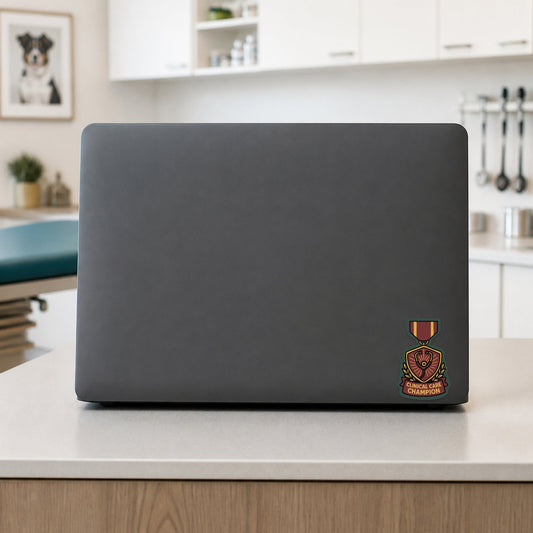 Clinical Care Champion – Award Medal Sticker shown on a veterinary clinic laptop