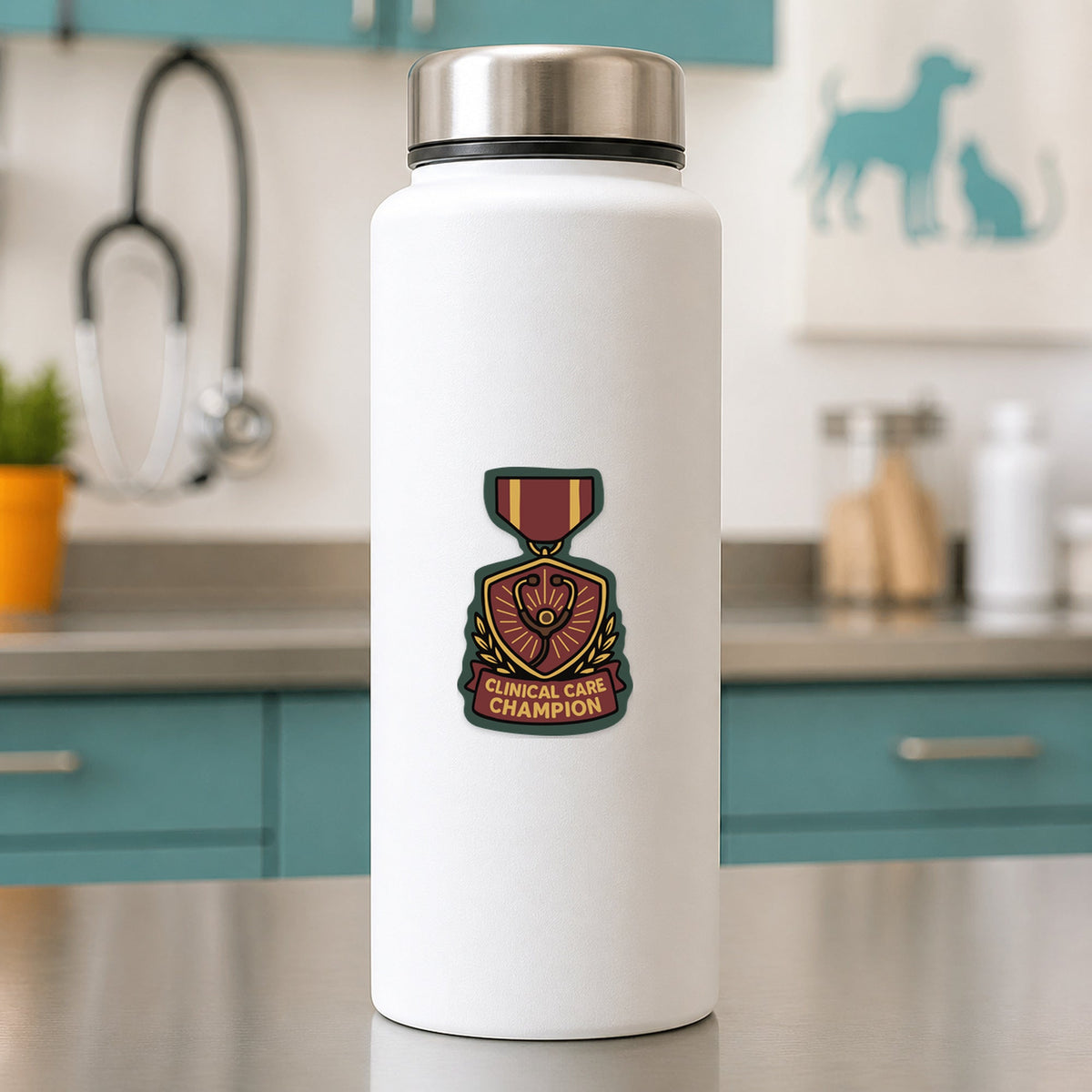 Clinical Care Champion – Award Medal Sticker shown on a white clinic water bottle