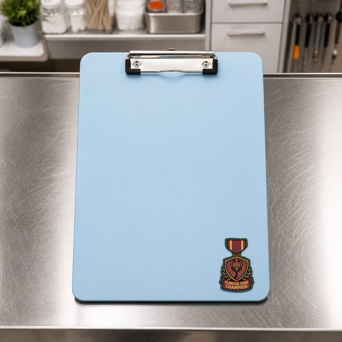 Clinical Care Champion – Award Medal Sticker shown on a blue treatment clipboard