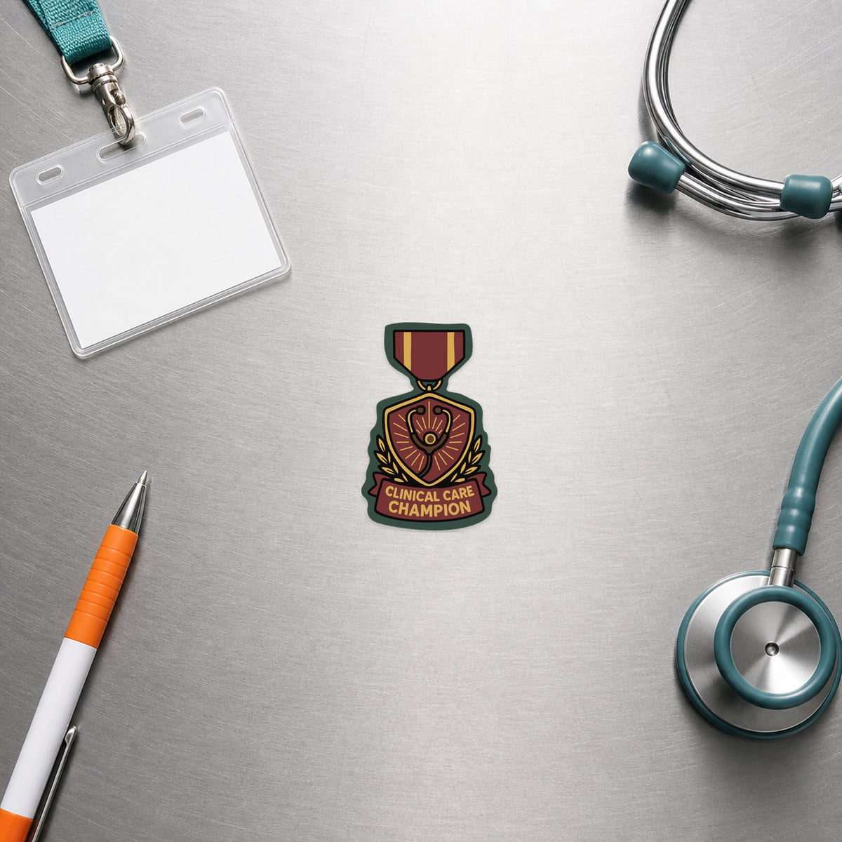 Clinical Care Champion – Award Medal Sticker shown in a veterinary clinic flat lay