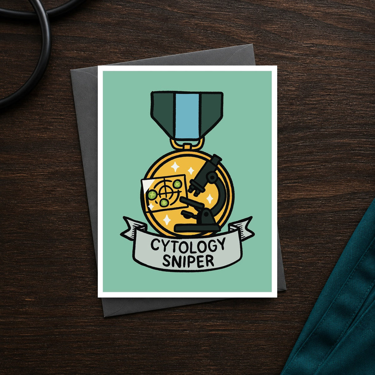 Cytology Sniper A2 veterinary recognition notecard front on a dark clinic desk