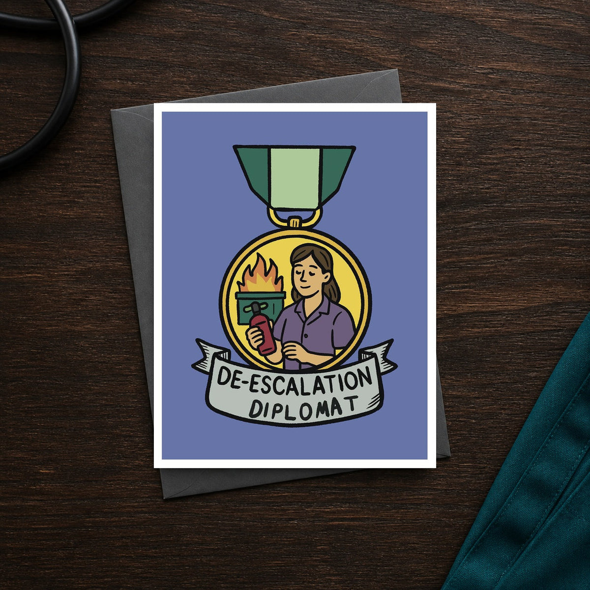De-Escalation Diplomat A2 veterinary notecard front on a dark clinic desk
