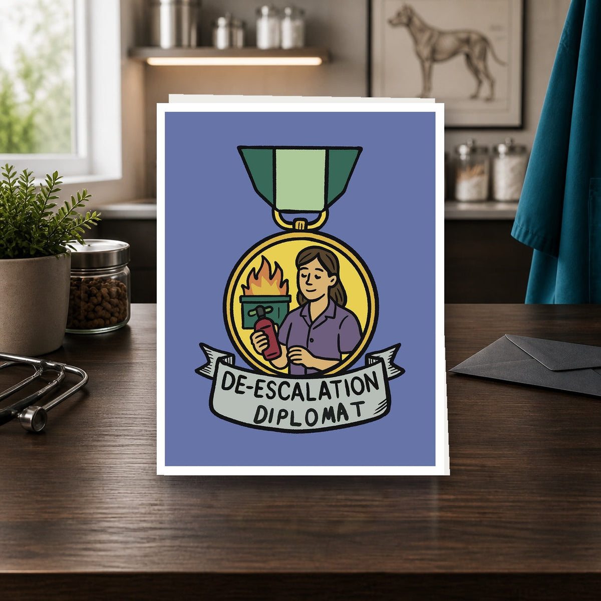 De-Escalation Diplomat A2 veterinary notecard standing on a dark clinic desk