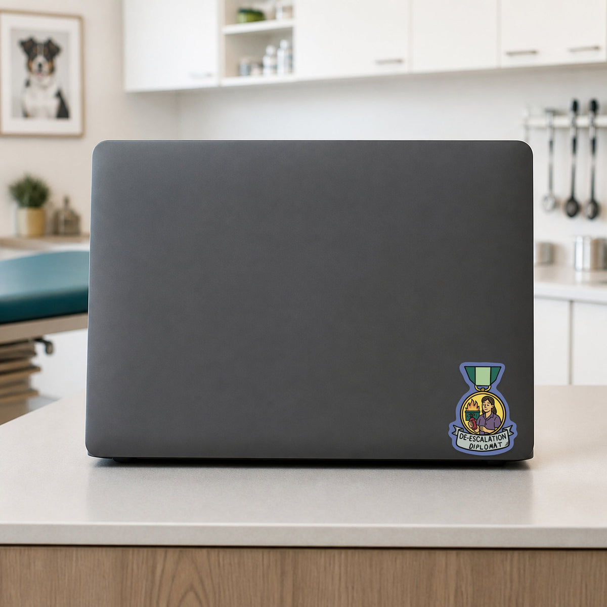 🕊️ De-Escalation Diplomat – Funny Vet Award Sticker shown on a veterinary clinic laptop
