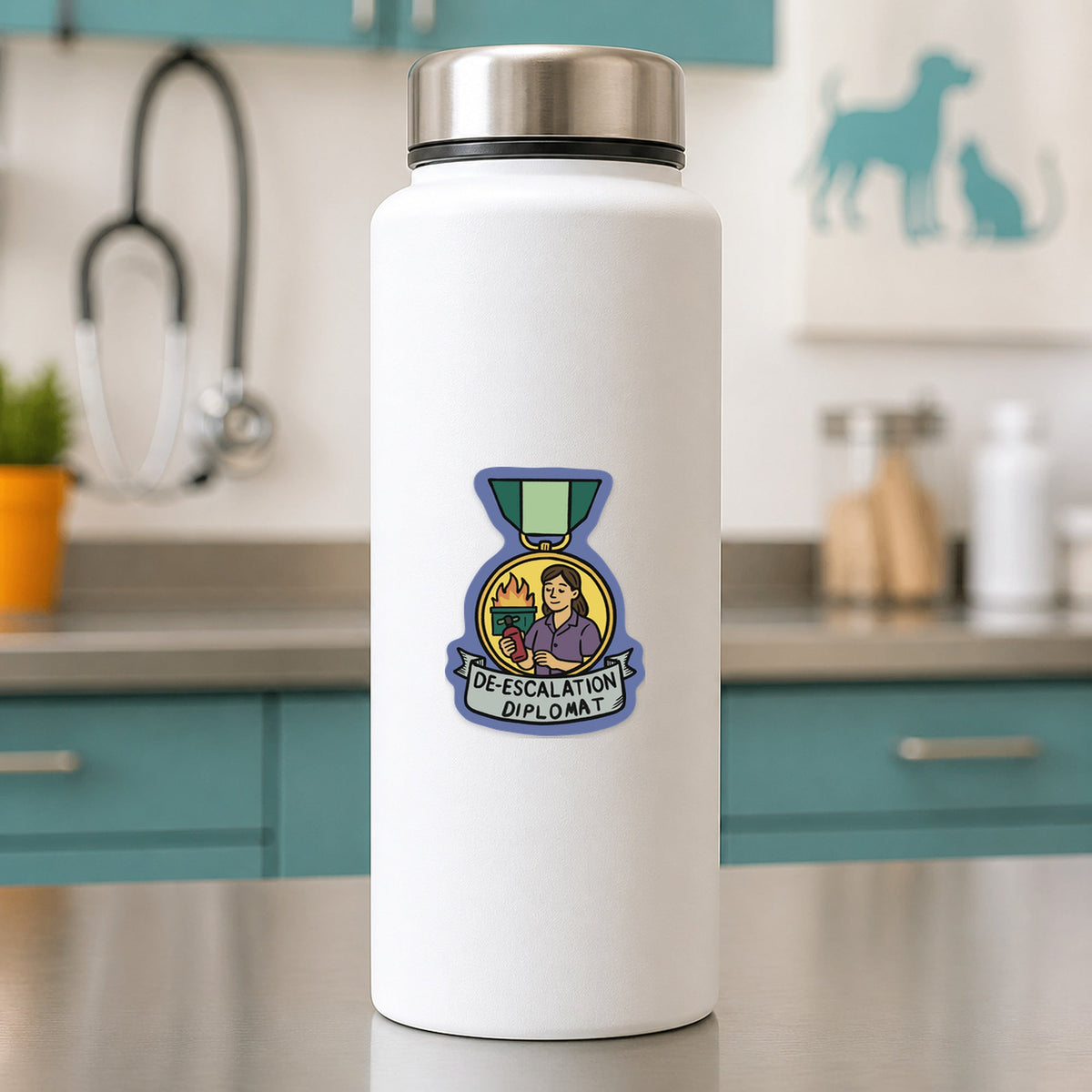 🕊️ De-Escalation Diplomat – Funny Vet Award Sticker shown on a white clinic water bottle