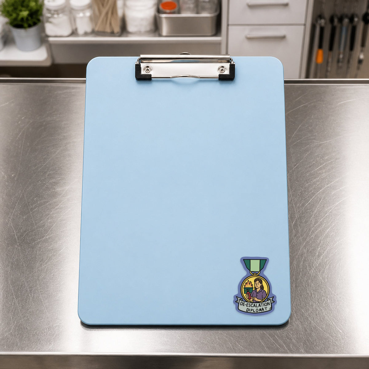 🕊️ De-Escalation Diplomat – Funny Vet Award Sticker shown on a blue treatment clipboard