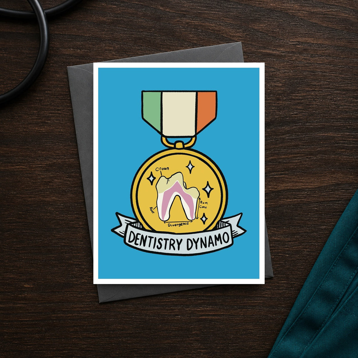 Dentistry Dynamo A2 veterinary notecard front on a dark clinic desk