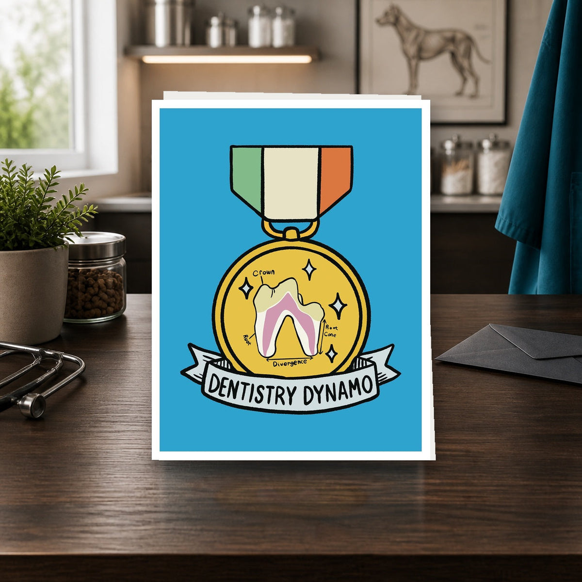 Dentistry Dynamo A2 veterinary notecard standing on a dark clinic desk