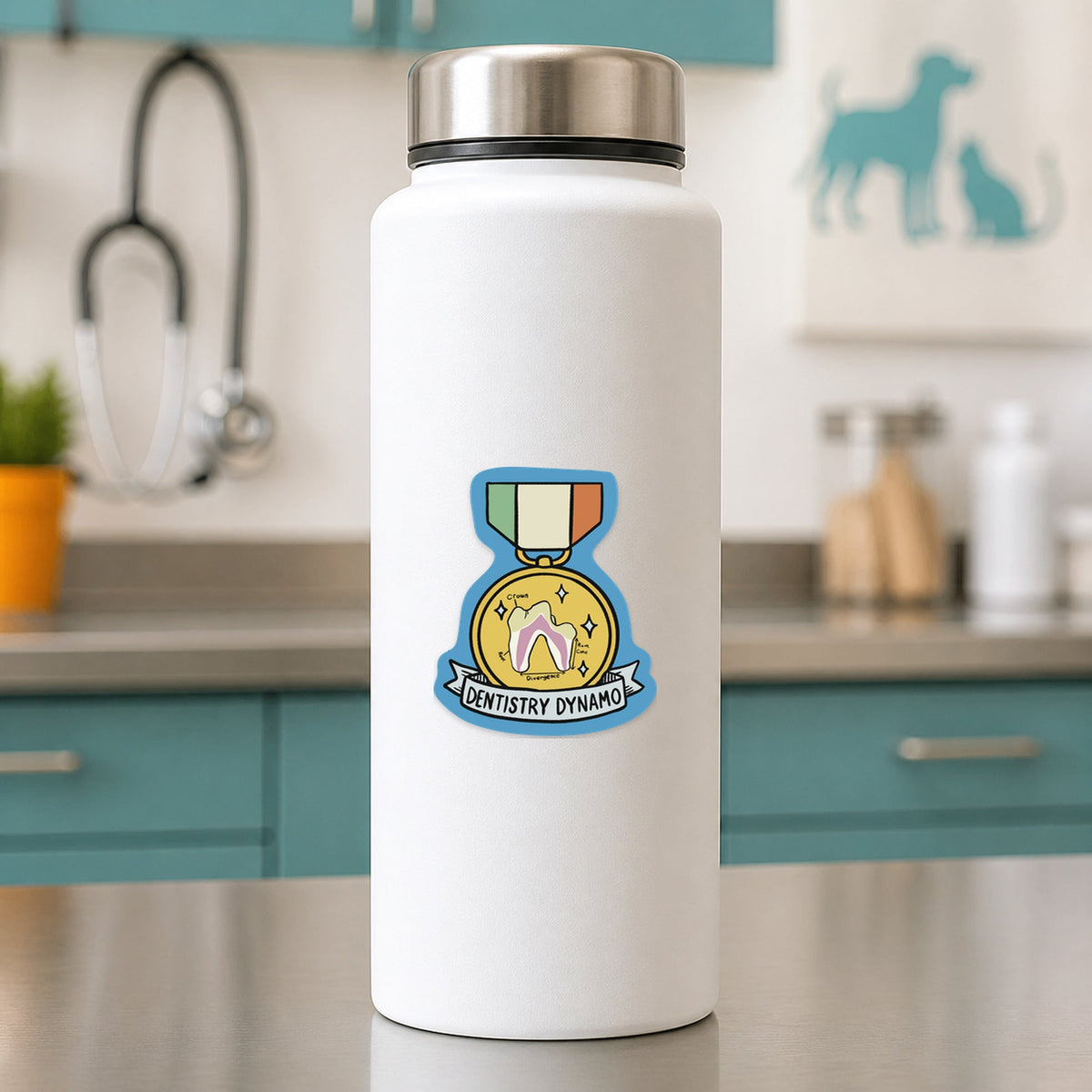 Dentistry Dynamo – Funny Veterinary Award Sticker shown on a white clinic water bottle