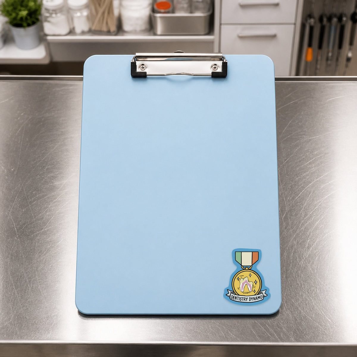 Dentistry Dynamo – Funny Veterinary Award Sticker shown on a blue treatment clipboard