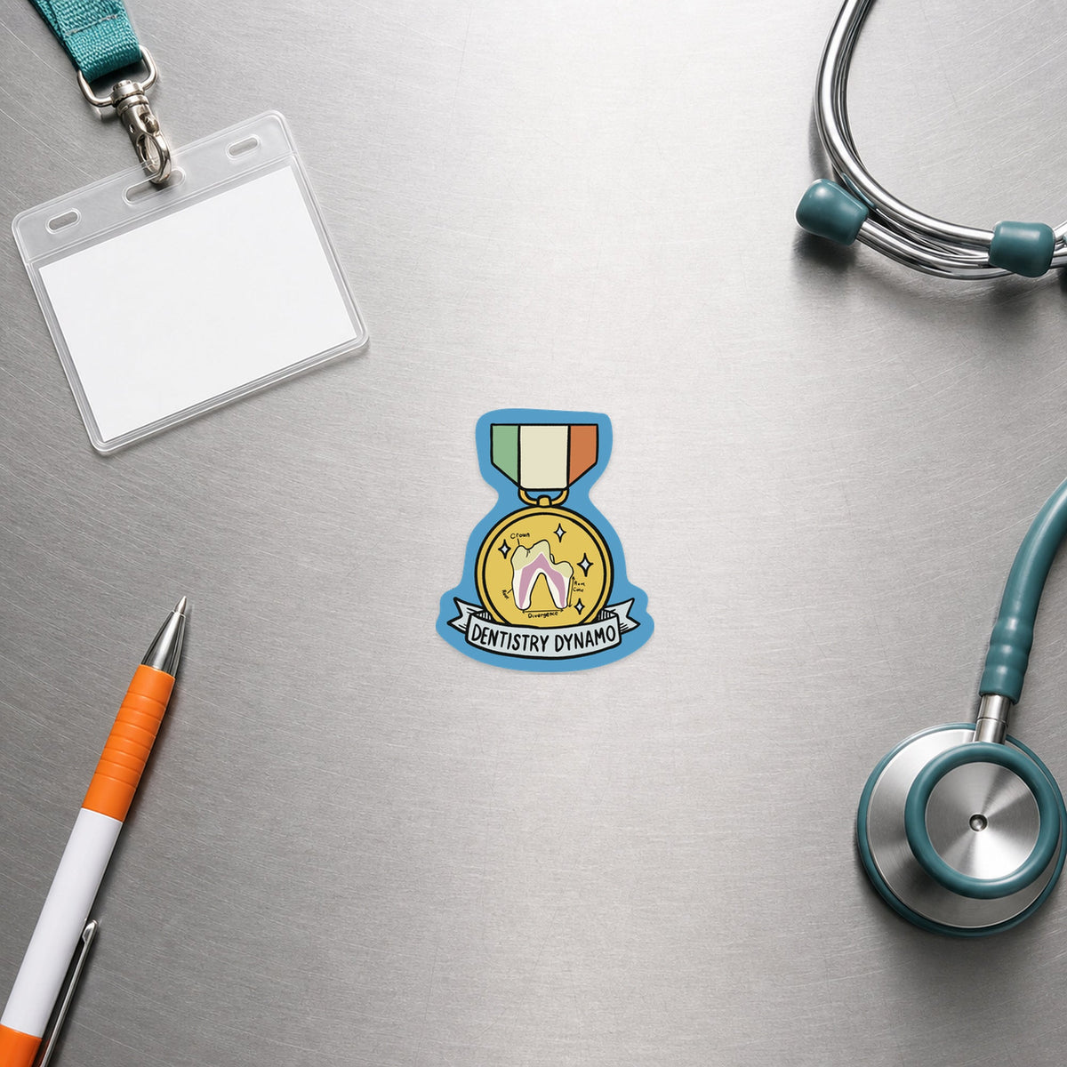 Dentistry Dynamo – Funny Veterinary Award Sticker shown in a veterinary clinic flat lay