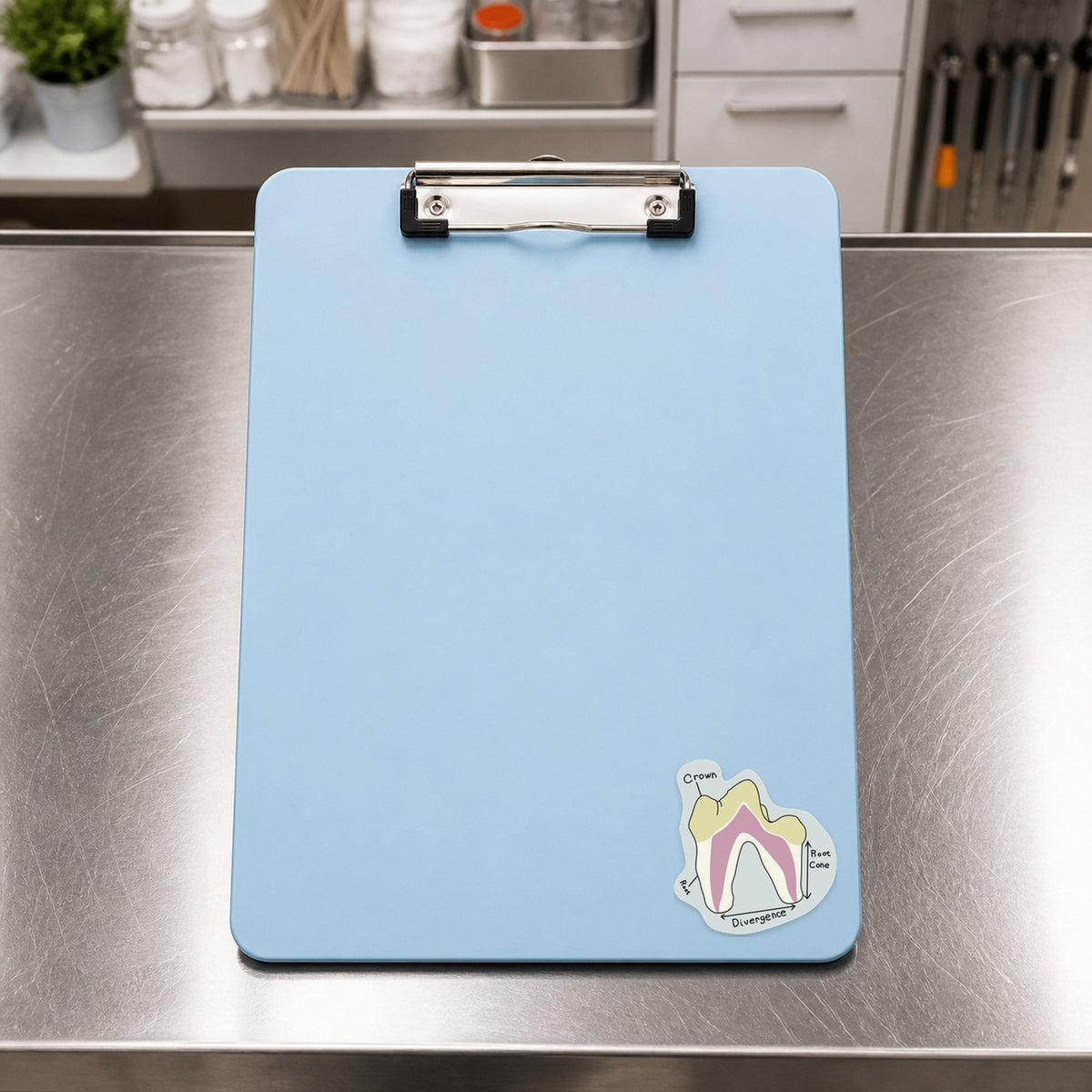 💀 Dog Tooth Diagram shown on a blue treatment clipboard
