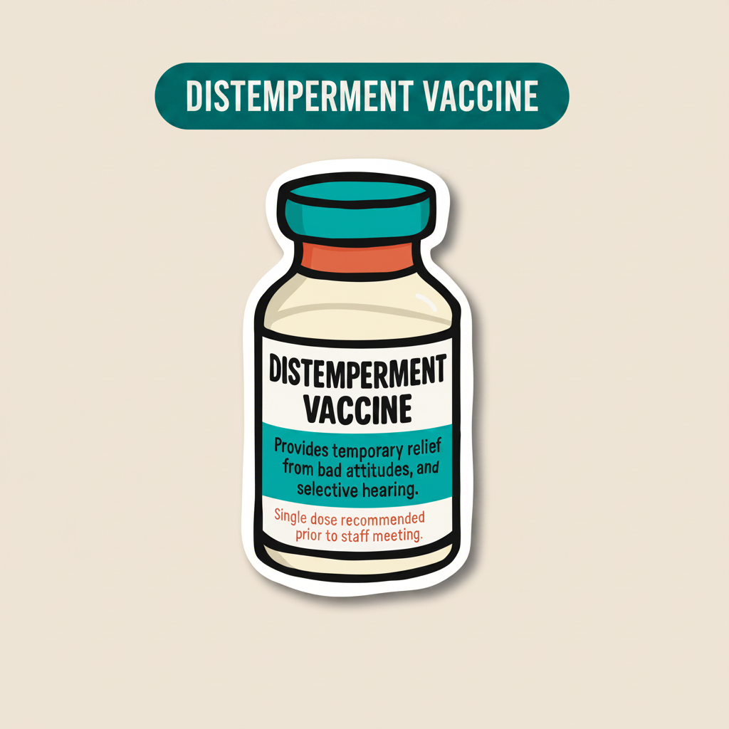 Distemperment Vaccine funny vet sticker size reference at 3 inches