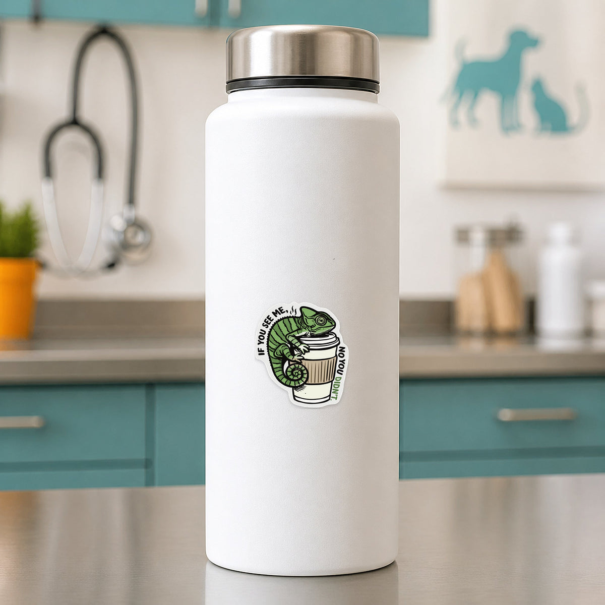 🦎 If You See Me, No You Didn’t – Funny Vet Coffee Sticker shown on a white clinic water bottle