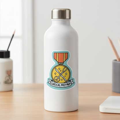 Surgical Prep MVP vet sticker on water bottle lifestyle mockup by Vet Culture Co