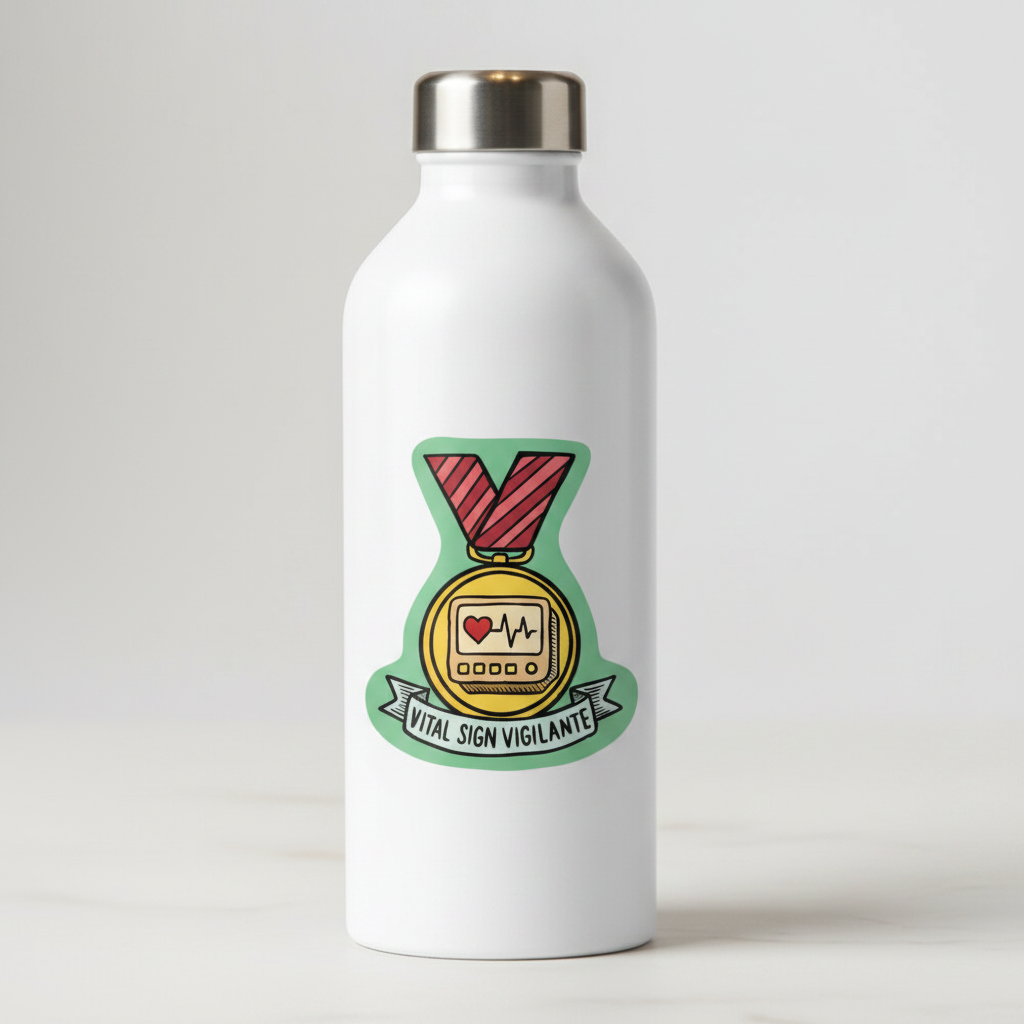 Vital Sign Vigilante vet sticker on water bottle lifestyle mockup by Vet Culture Co