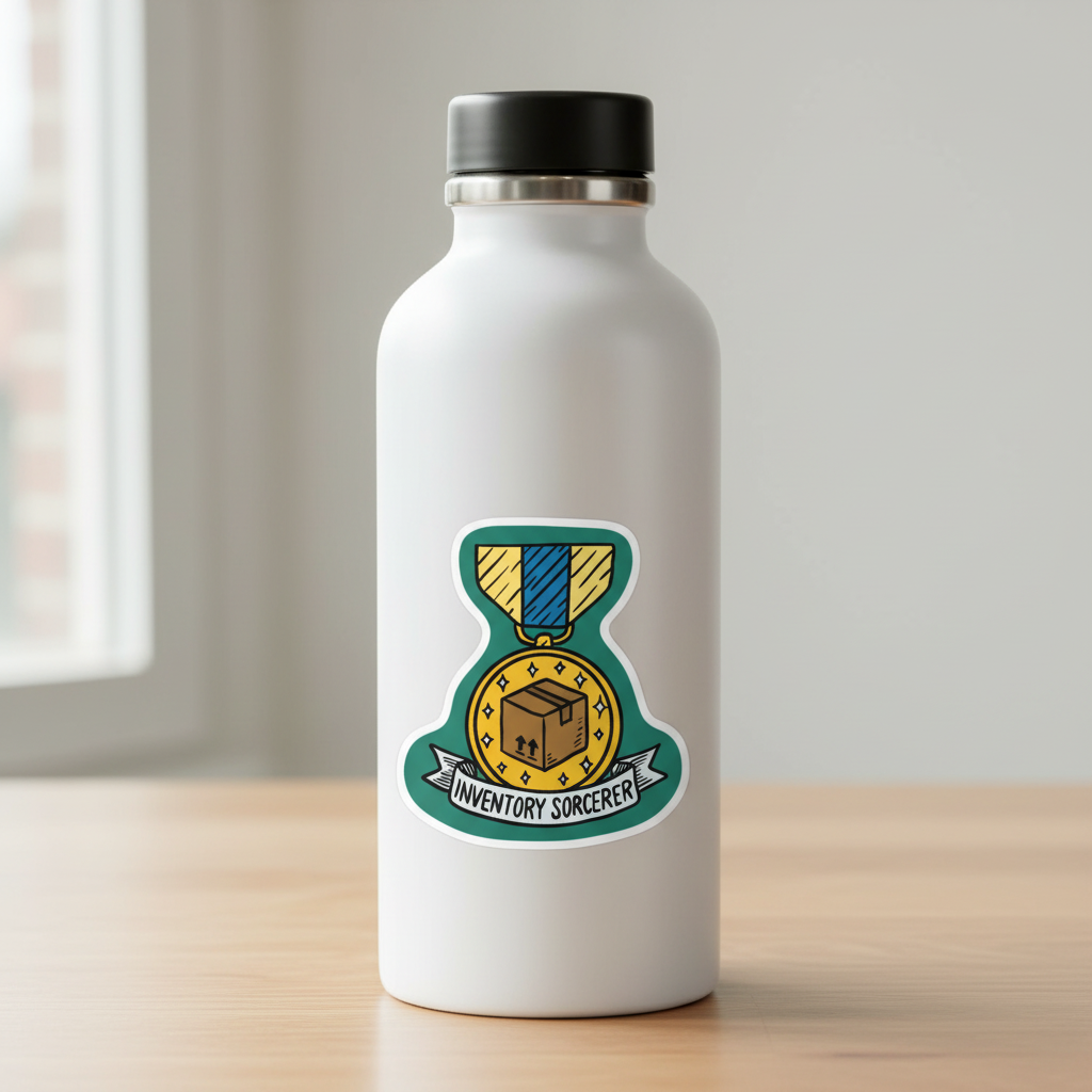 Inventory Sorcerer vet sticker on water bottle lifestyle mockup by Vet Culture Co