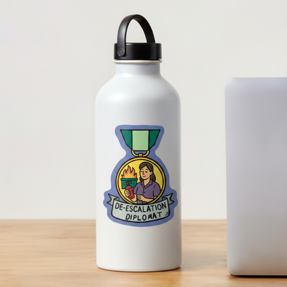 De-Escalation Diplomat vet sticker on water bottle lifestyle mockup by Vet Culture Co