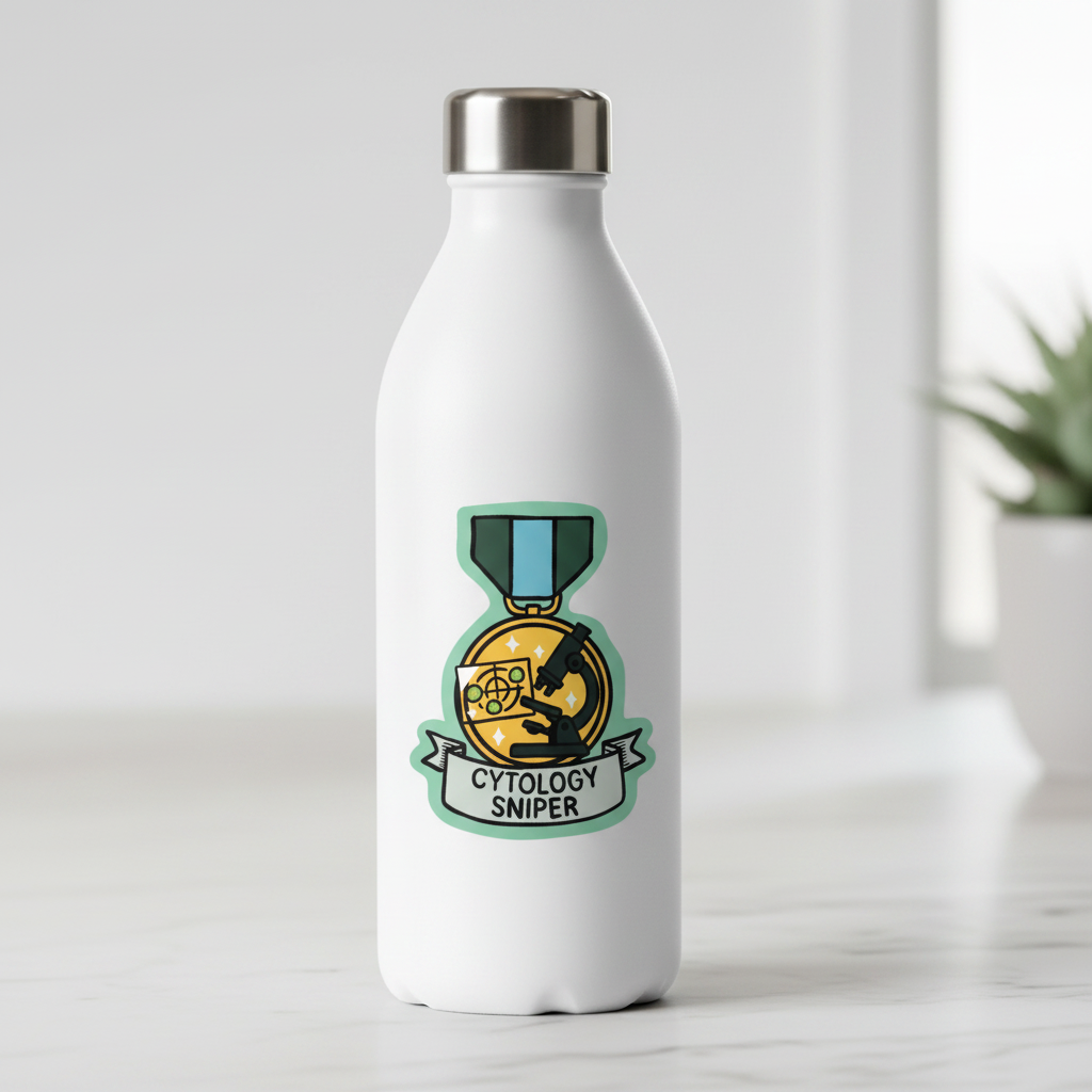 Cytology Sniper vet sticker on water bottle lifestyle mockup by Vet Culture Co