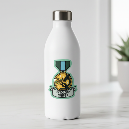 Cytology Sniper vet sticker on water bottle lifestyle mockup by Vet Culture Co