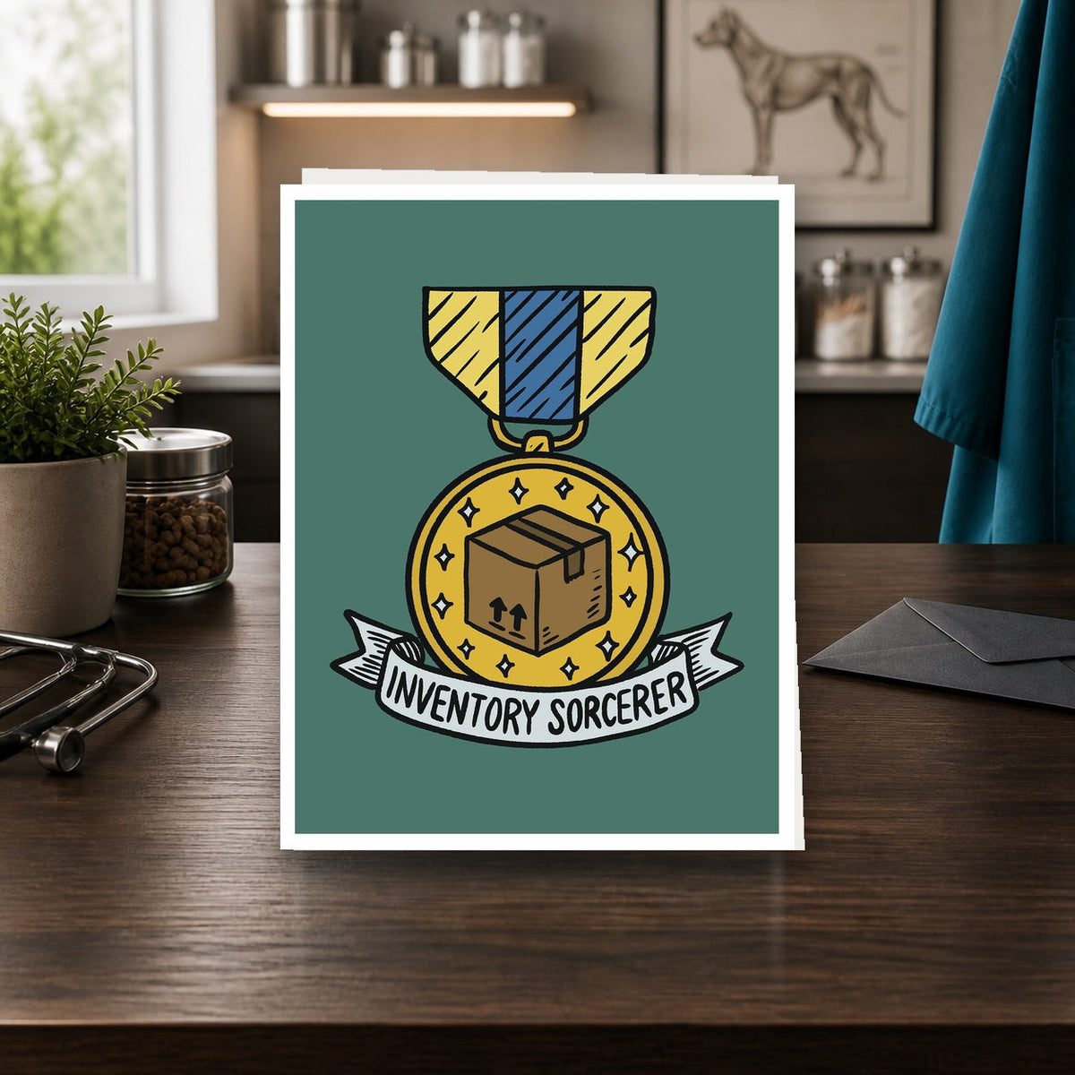 Inventory Sorcerer A2 veterinary notecard standing on a dark clinic desk