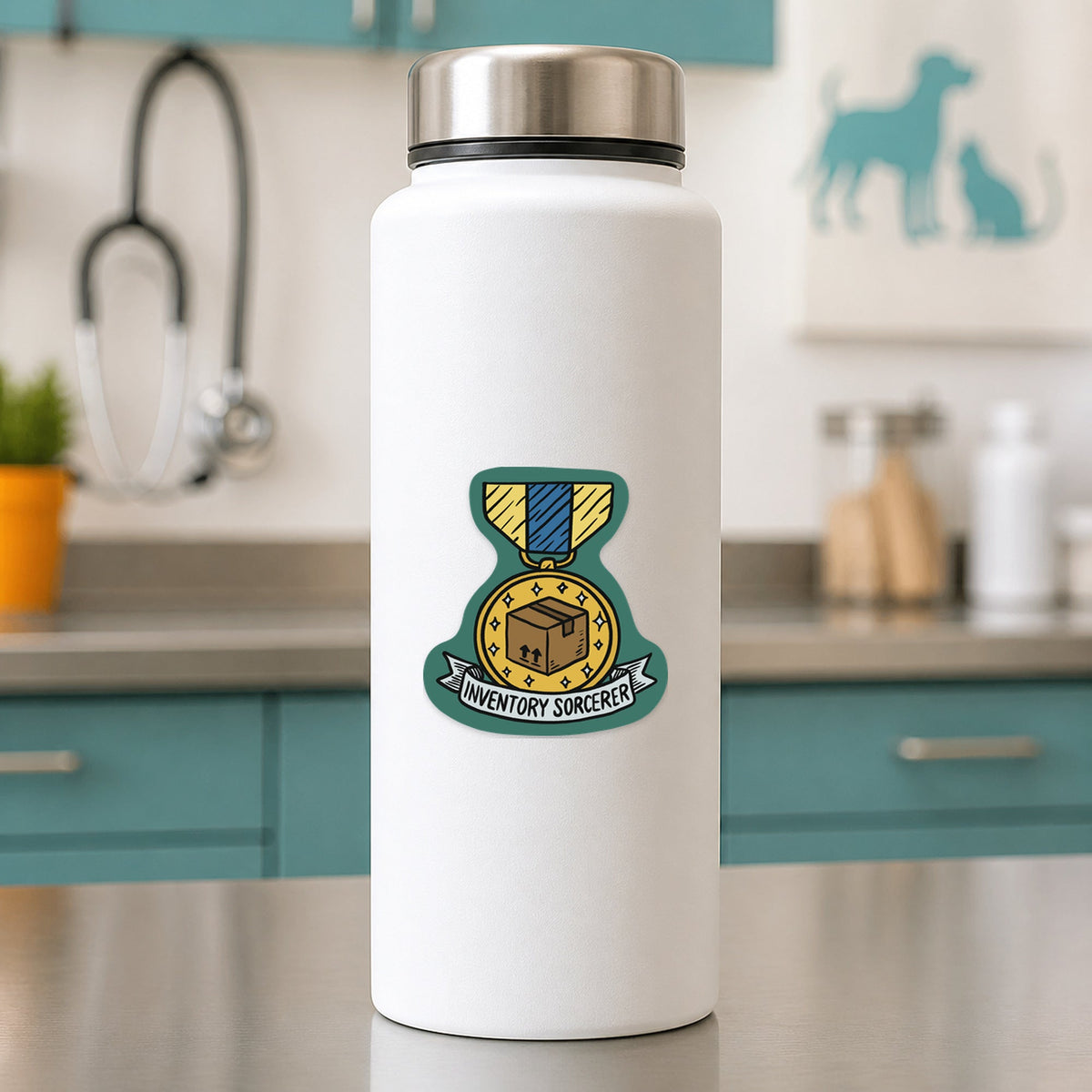 🔮 Inventory Sorcerer – Funny Vet Award Sticker shown on a white clinic water bottle