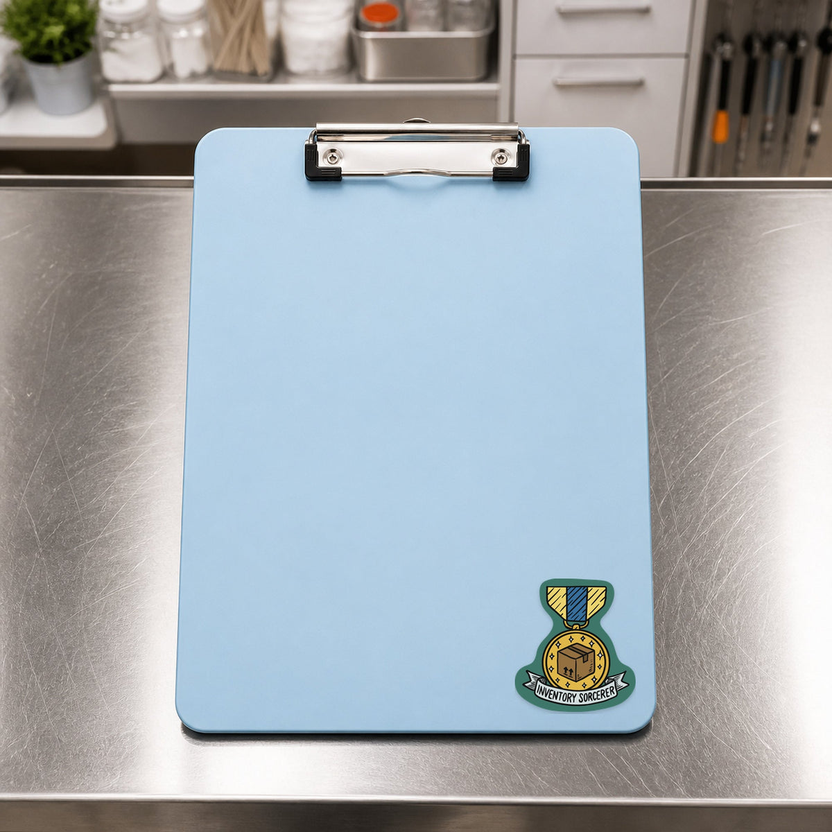 🔮 Inventory Sorcerer – Funny Vet Award Sticker shown on a blue treatment clipboard