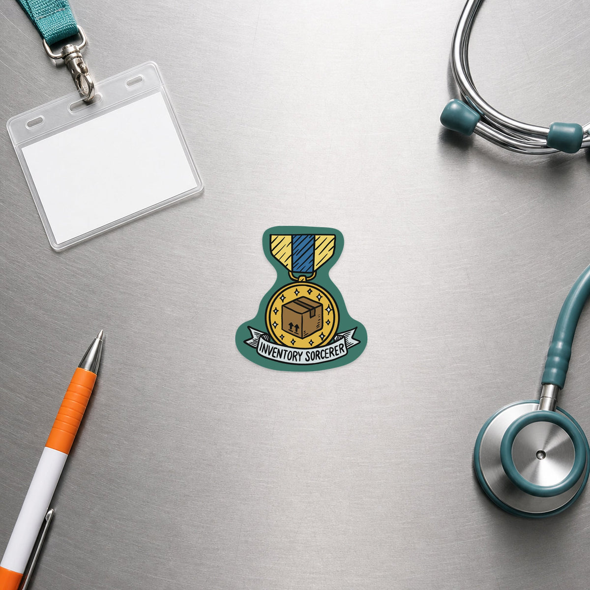 🔮 Inventory Sorcerer – Funny Vet Award Sticker shown in a veterinary clinic flat lay