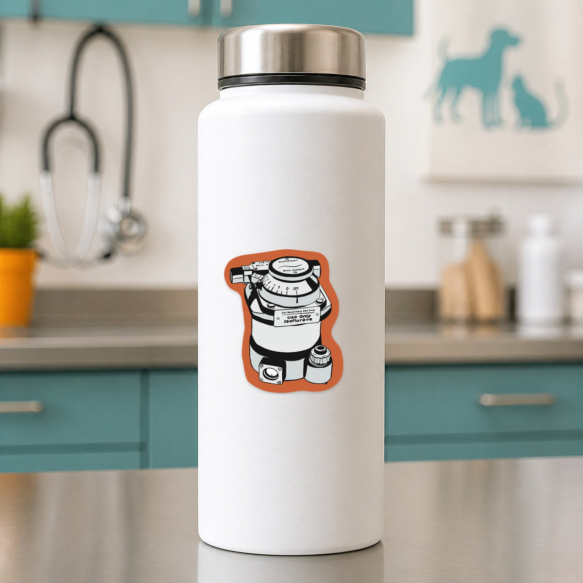 💨 Isoflurane Vaporizer – Anesthesia shown on a white clinic water bottle