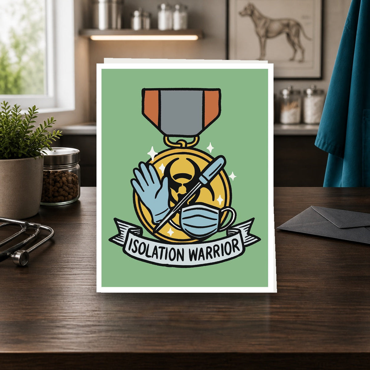 Isolation Warrior A2 veterinary notecard standing on a dark clinic desk
