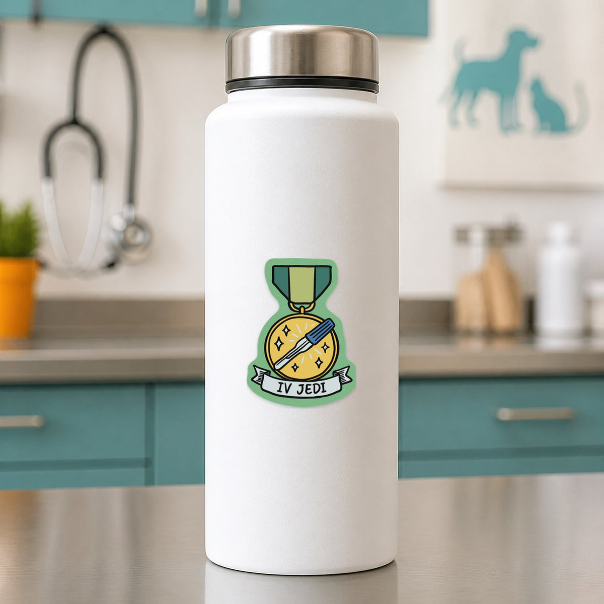 IV Jedi – Funny Veterinary Award Sticker shown on a white clinic water bottle