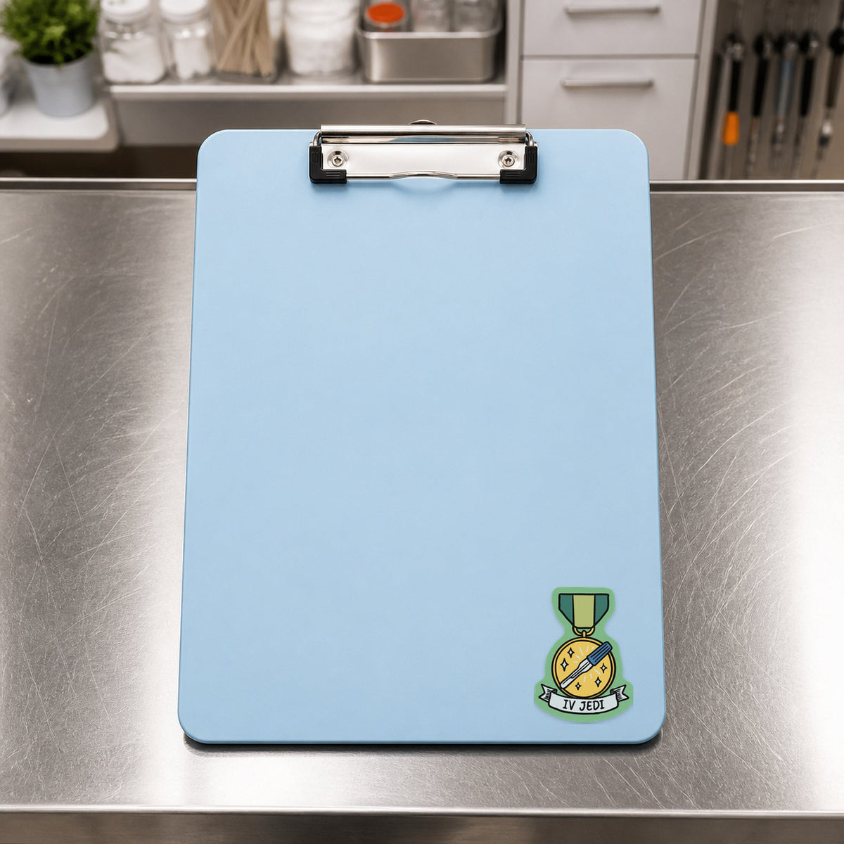 IV Jedi – Funny Veterinary Award Sticker shown on a blue treatment clipboard