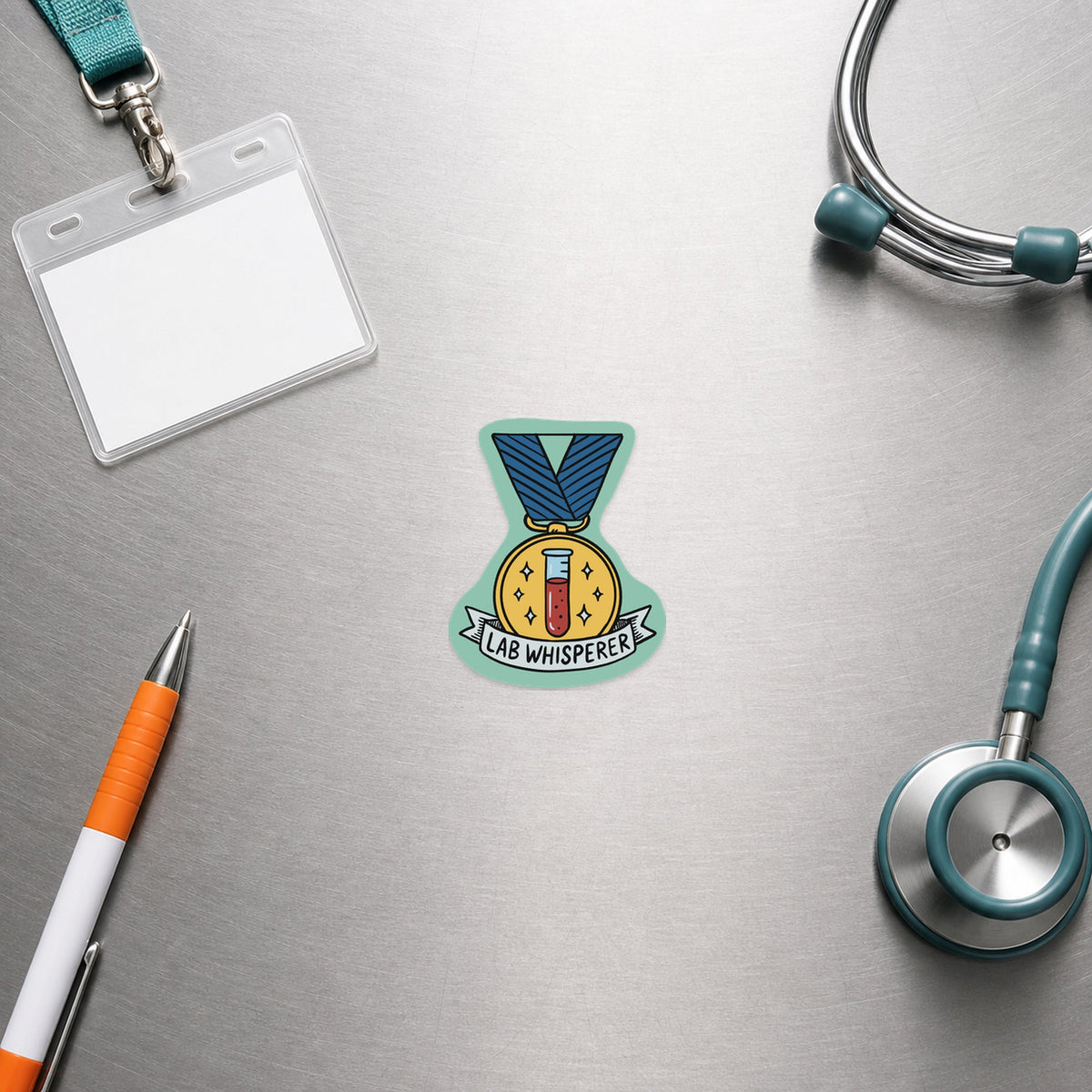 🧪 Lab Whisperer – Funny Vet Recognition Sticker shown in a veterinary clinic flat lay
