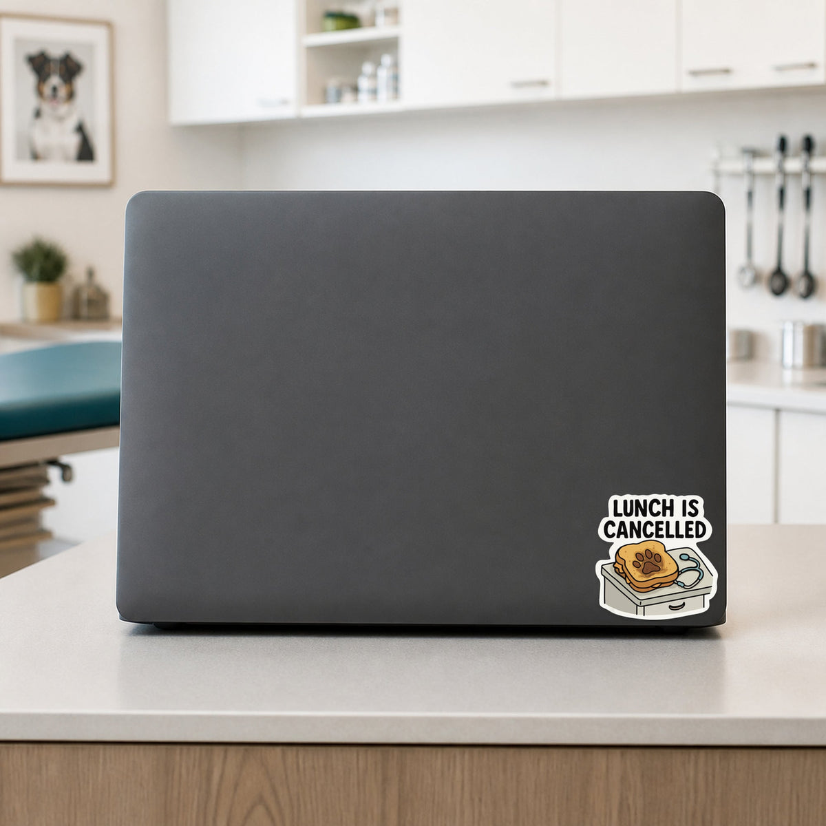 Lunch Is Cancelled – Funny Veterinary Sticker shown on a veterinary clinic laptop