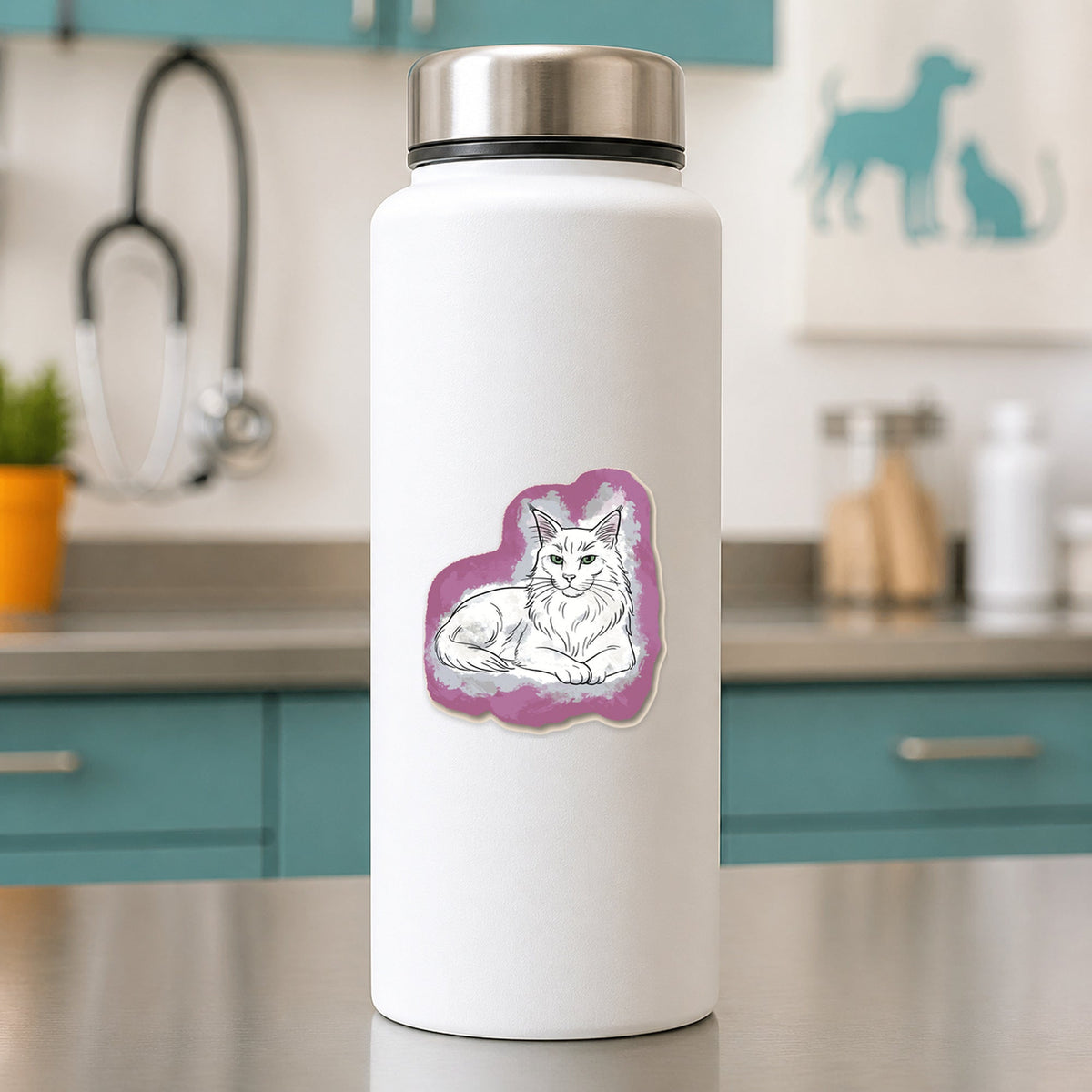 🐱 Majestic Cat – Maine Coon shown on a white clinic water bottle